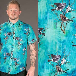 Mens Shirt Short Sleeve Shirt Hawaiian Shirt Festival Clothing Bird Shirt Button Down Shirt Summer Shirt Blue Shirt