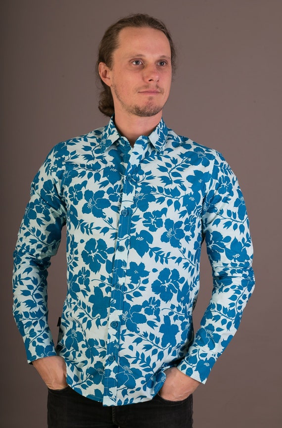 Green floral pattern print long sleeve button shirt