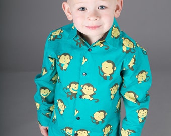 Chemise en coton pour garçons Green Monkey Print De 4 à 11 ans