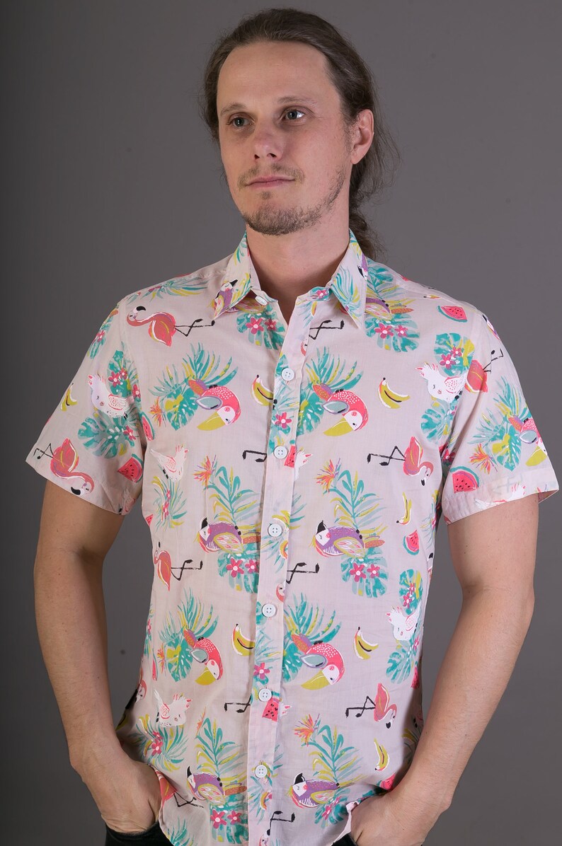 Mens 100/% Cotton Short Sleeve Slim Fit Shirt Pink Flamingo Parrot Bird Print