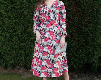 Pink Floral Long Sleeve Wrap Dress / Summer Cotton Dress