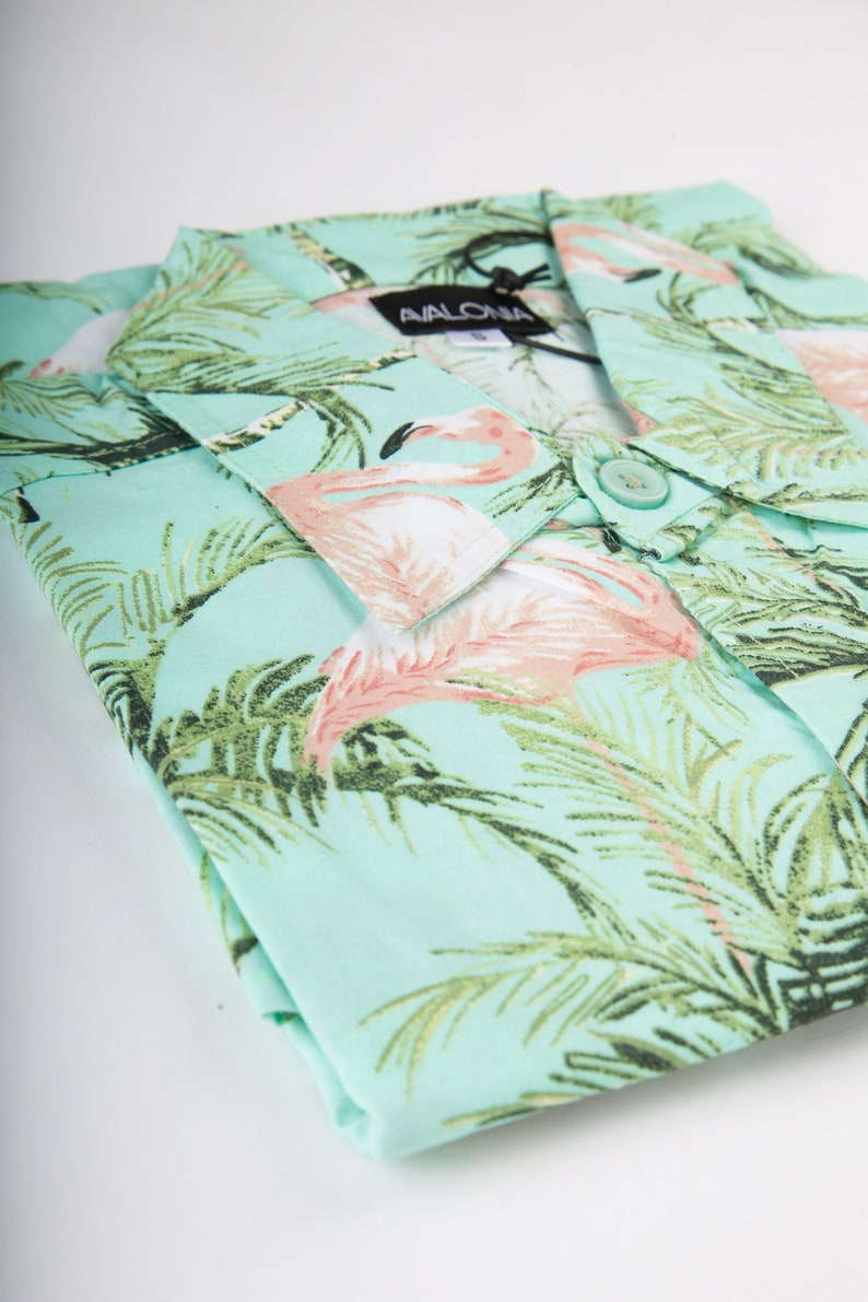 Mens 100/% Cotton Long Sleeve Slim and Regular Fit Shirt Green Pink Flamingo Floral Print