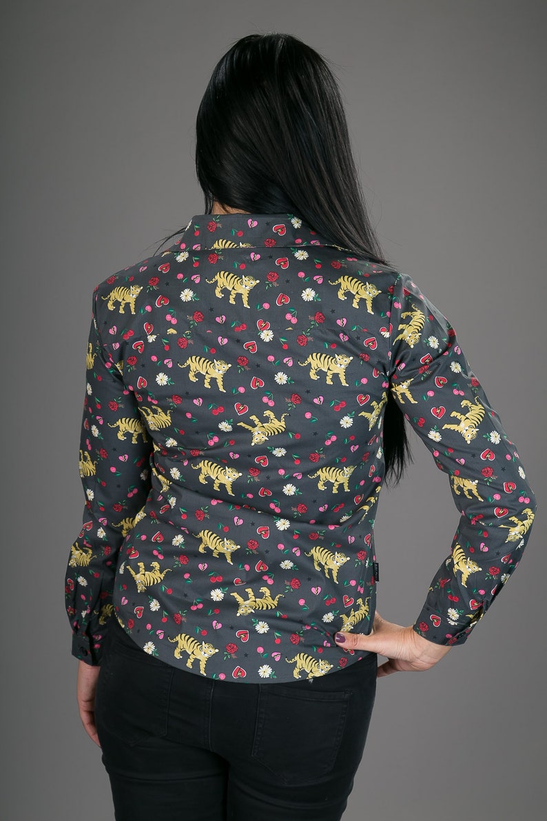 Womens 100/% Cotton Long Sleeve Slim and regular Fit Shirt Tiger Hearts Print