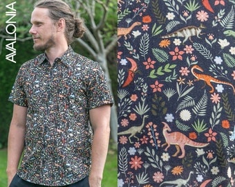 Mens 100% Organic Cotton Short Sleeve Slim Fit Shirt Dinosaur Floral Black Print