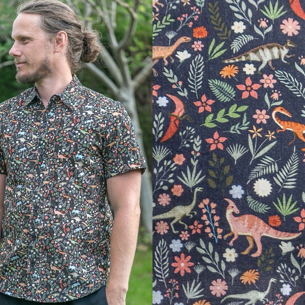 Mens 100% Organic Cotton Short Sleeve Slim Fit Shirt Dinosaur Floral Black Print