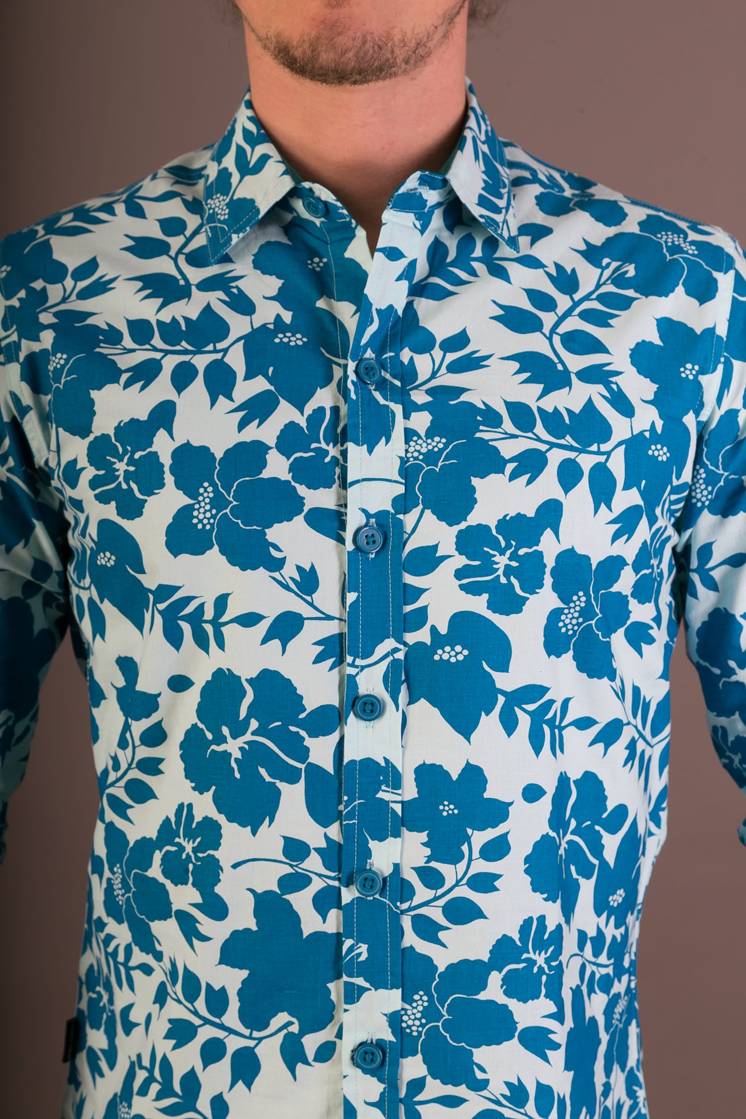 Mens 100% Cotton Long Sleeve Slim Fit Shirt Blue Green Floral Print Mens 100% Cotton Long Sleeve Slim Fit Shirt Blue Green Floral Print