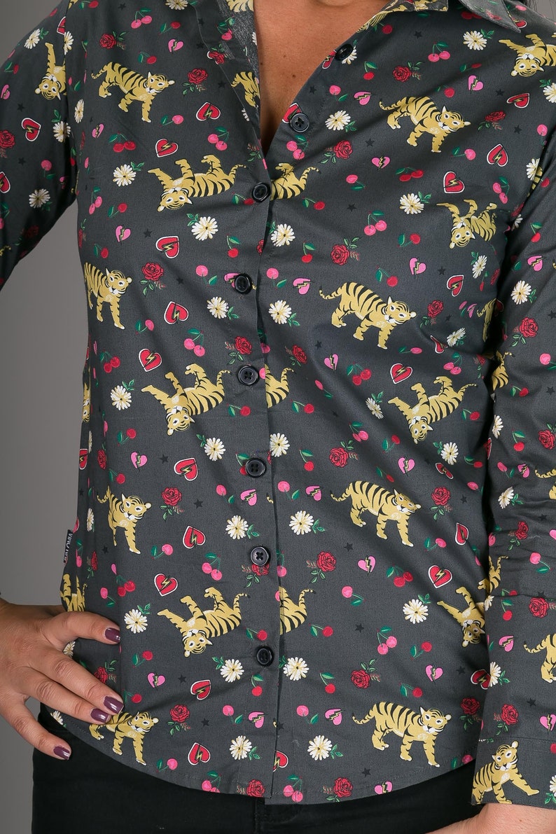 Womens 100/% Cotton Long Sleeve Slim and regular Fit Shirt Tiger Hearts Print