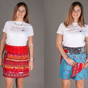Gonna reversibile in cotone Patch rossa stampa blu Tasca staccabile di media lunghezza