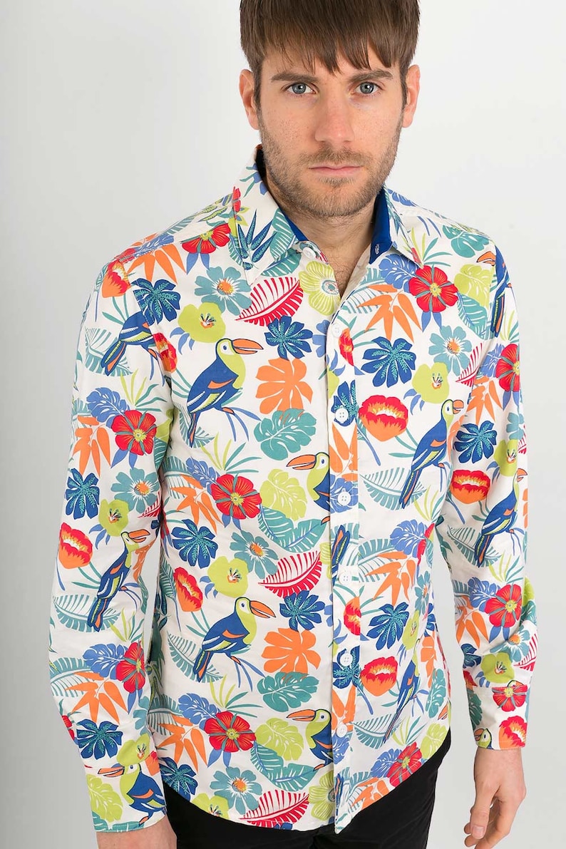 Mens 100% Cotton Long Sleeve Slim Fit Shirt Bird Jungle Floral Flowers White Multi Colour Print image 1