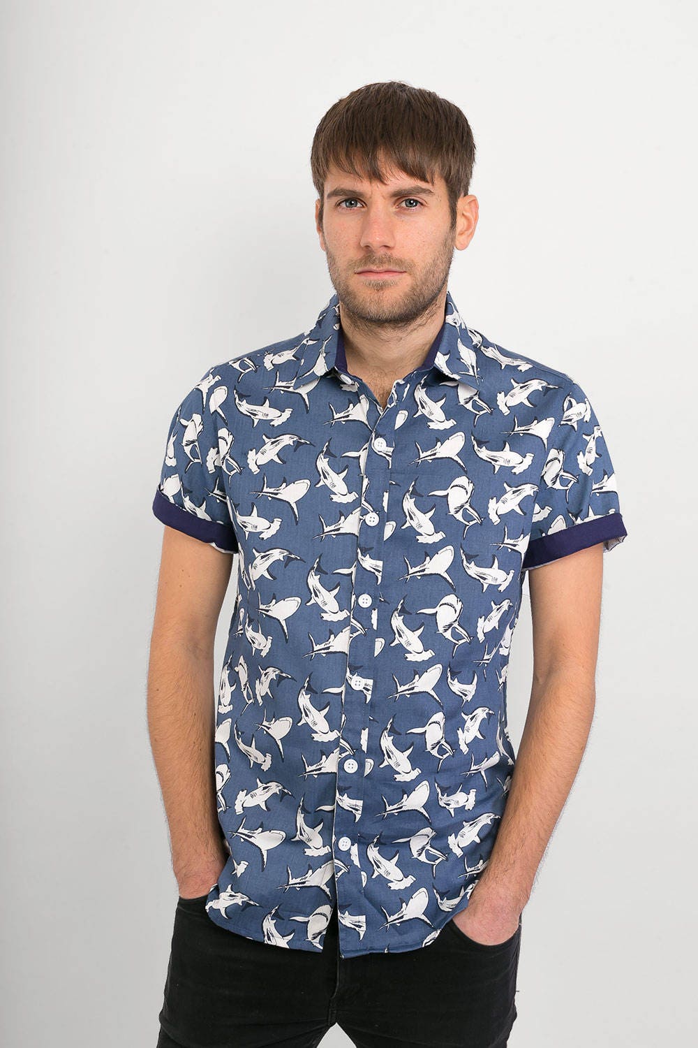 Mens 100% Cotton Short Sleeve Slim Fit Shirt Grey Sharks Print - Etsy