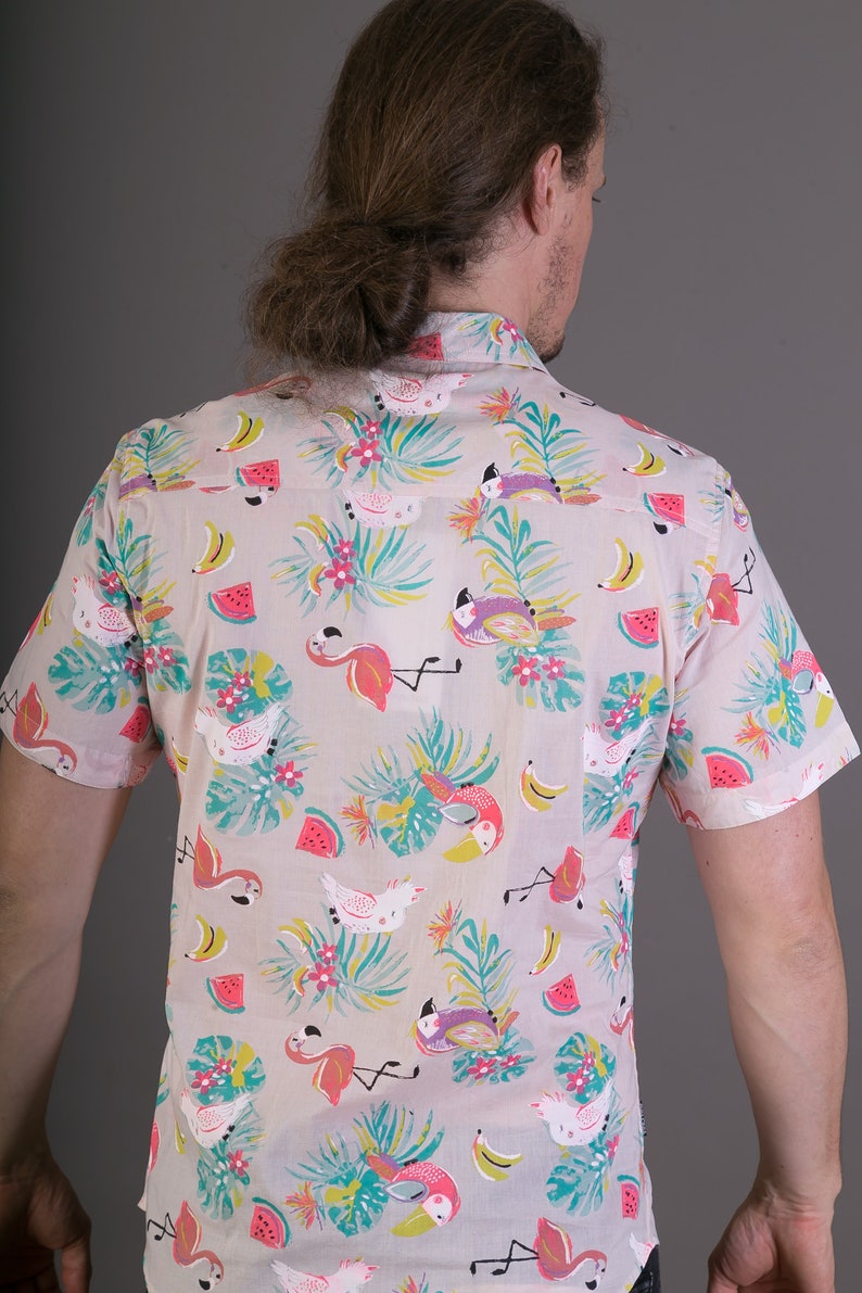Mens 100/% Cotton Short Sleeve Slim Fit Shirt Pink Flamingo Parrot Bird Print