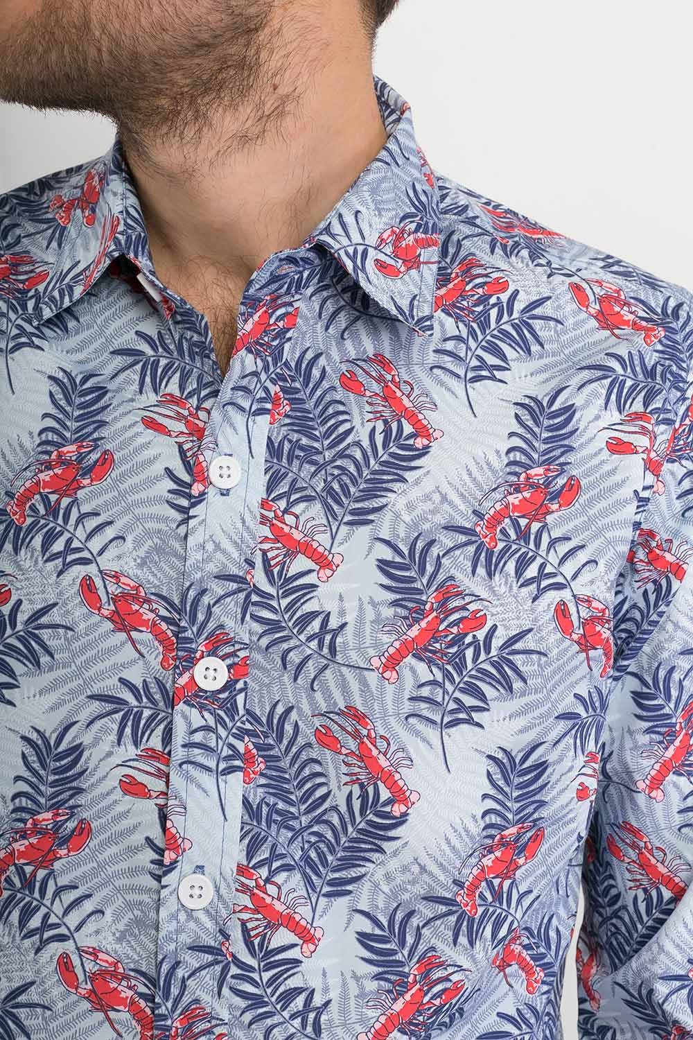 Image of Mens 100% Cotton Long Sleeve Slim Fit Shirt Lobster Blue Sea Life Print