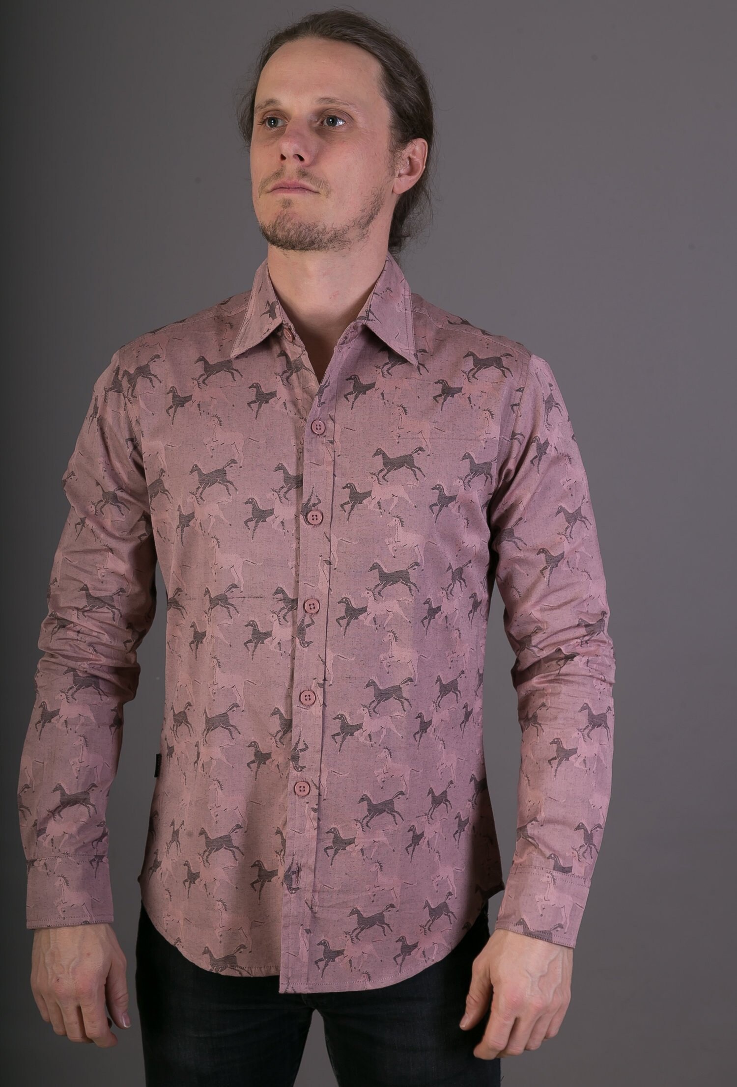 Image of Mens 100% Cotton Long Sleeve Slim Fit Shirt Horse Print