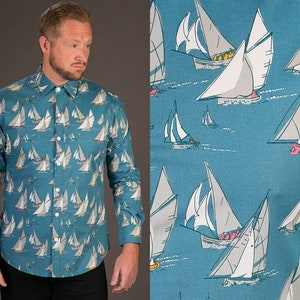 Mens 100% Cotton Long Sleeve Slim Fit Shirt Blue Boats Print Lightweight Material