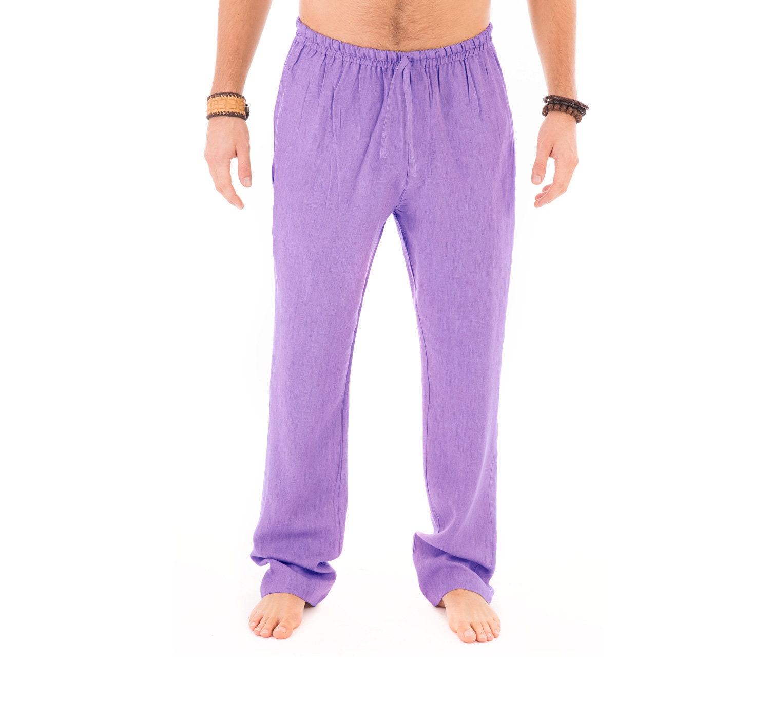 Image of Mens Purple Trousers 100% Cotton Yoga Casual Beach Lounge With Elasticated Waist Draw String & Pockets