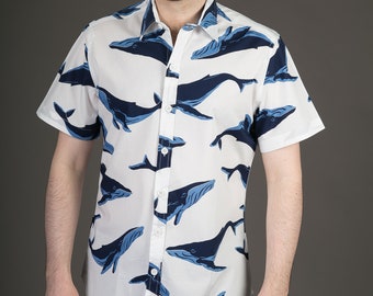 Mens 100% Cotton Short Sleeve Slim Fit Shirt Whale Fish Print