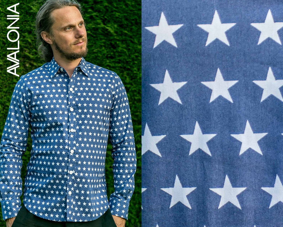 Mens 100 Cotton Long Sleeve Slim Fit Shirt Stars Blue White Print