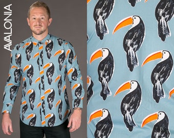 Mens Shirt Long Sleeve Shirt Hawaiian Shirt Festival Clothing Floral Shirt Button Down Shirt Toucan Shirt Bird Shirt Blue Shirt Animal Shirt