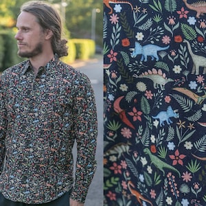 Mens 100% Cotton and Organic Cotton Long Sleeve Slim Fit Shirt Dinosaur Floral Black Print image 1