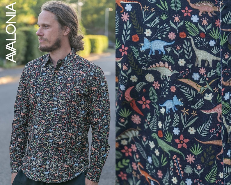 Mens 100% Cotton and Organic Cotton Long Sleeve Slim Fit Shirt Dinosaur Floral Black Print image 1