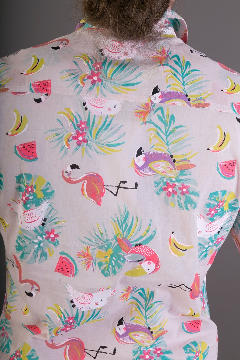 Mens 100/% Cotton Short Sleeve Slim Fit Shirt Pink Flamingo Parrot Bird Print