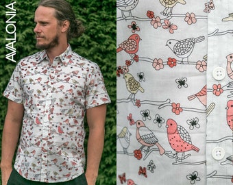 Mens 100% Cotton Short Sleeve Slim Fit Shirt Birds Floral Print