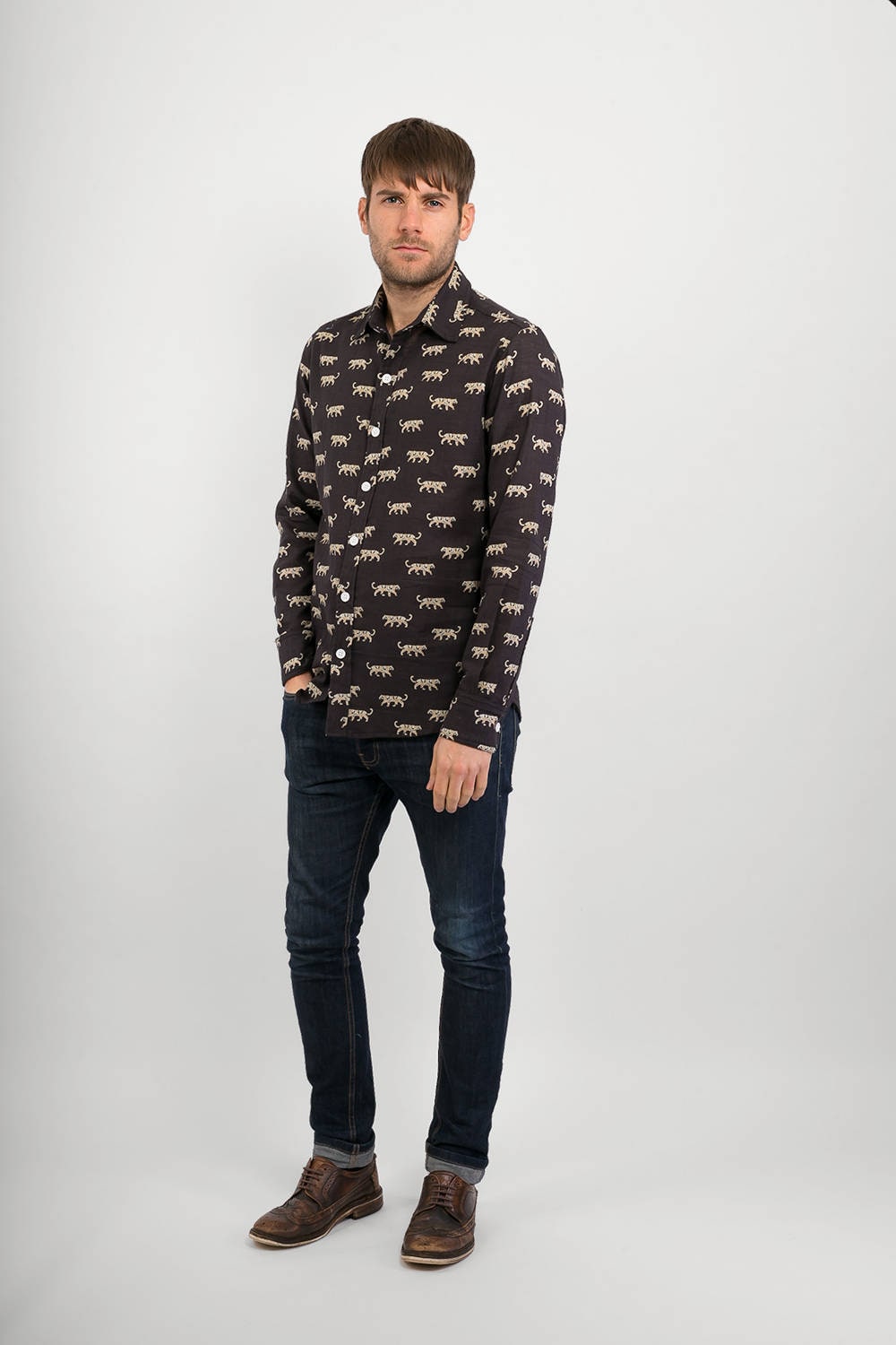 RS Men's Slim Fit Printed Button Down Shirt - Long Sleeve Casual Dress Shirt In Black (Size 5XL)