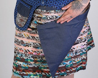 Plus Size Reversible Cotton Skirt Brown Patch Denim with Detachable Pocket