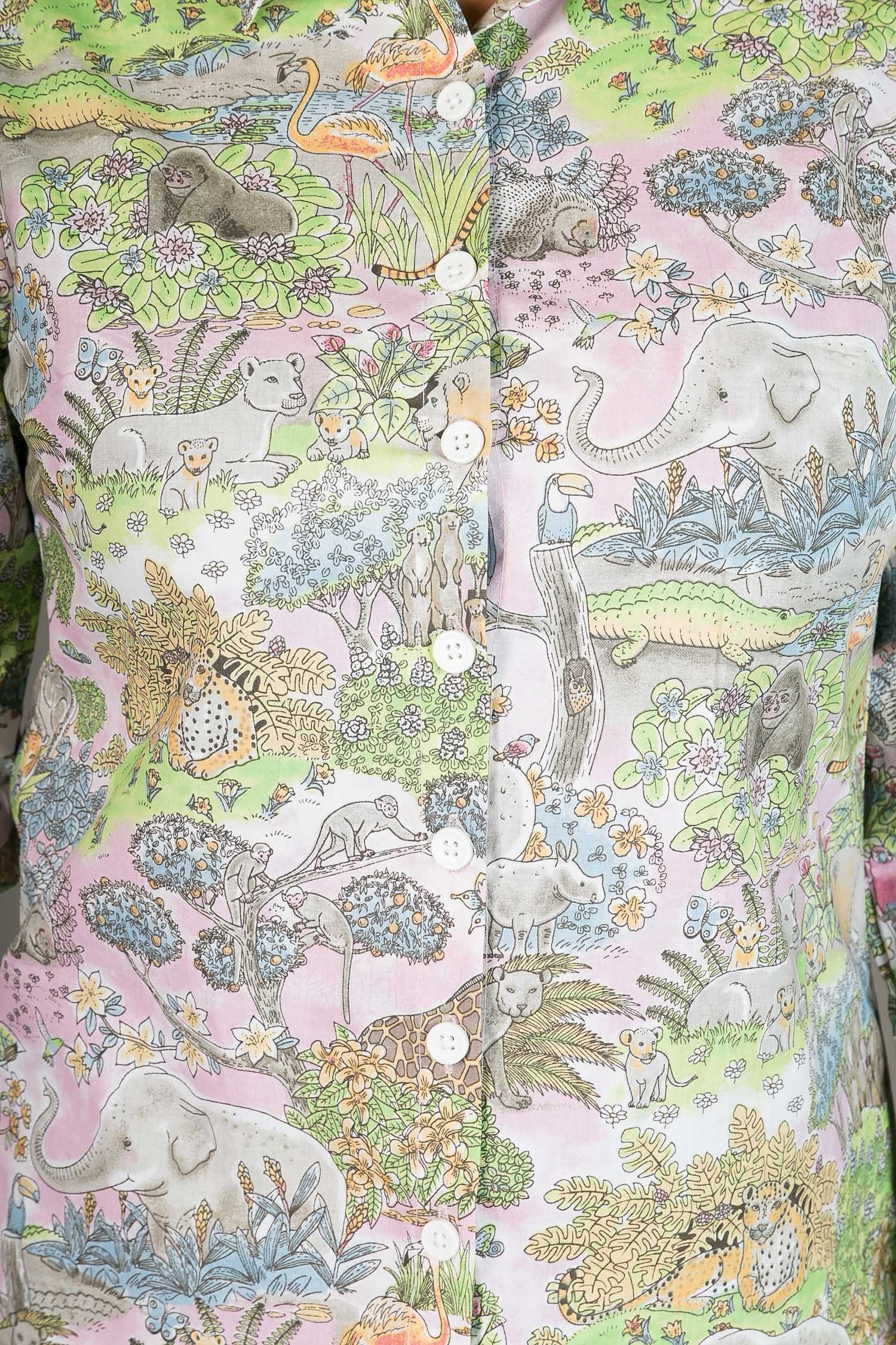 Regular Fit Long Sleeve Shirt - Blue & Pink Abstract Jungle
