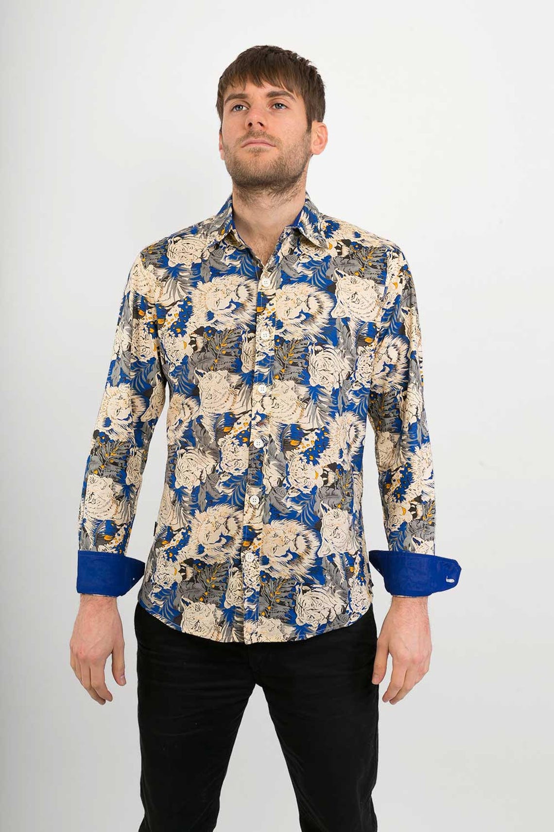 Mens 100% Cotton Long Sleeve Slim Fit Shirt Blue Lion Tiger - Etsy