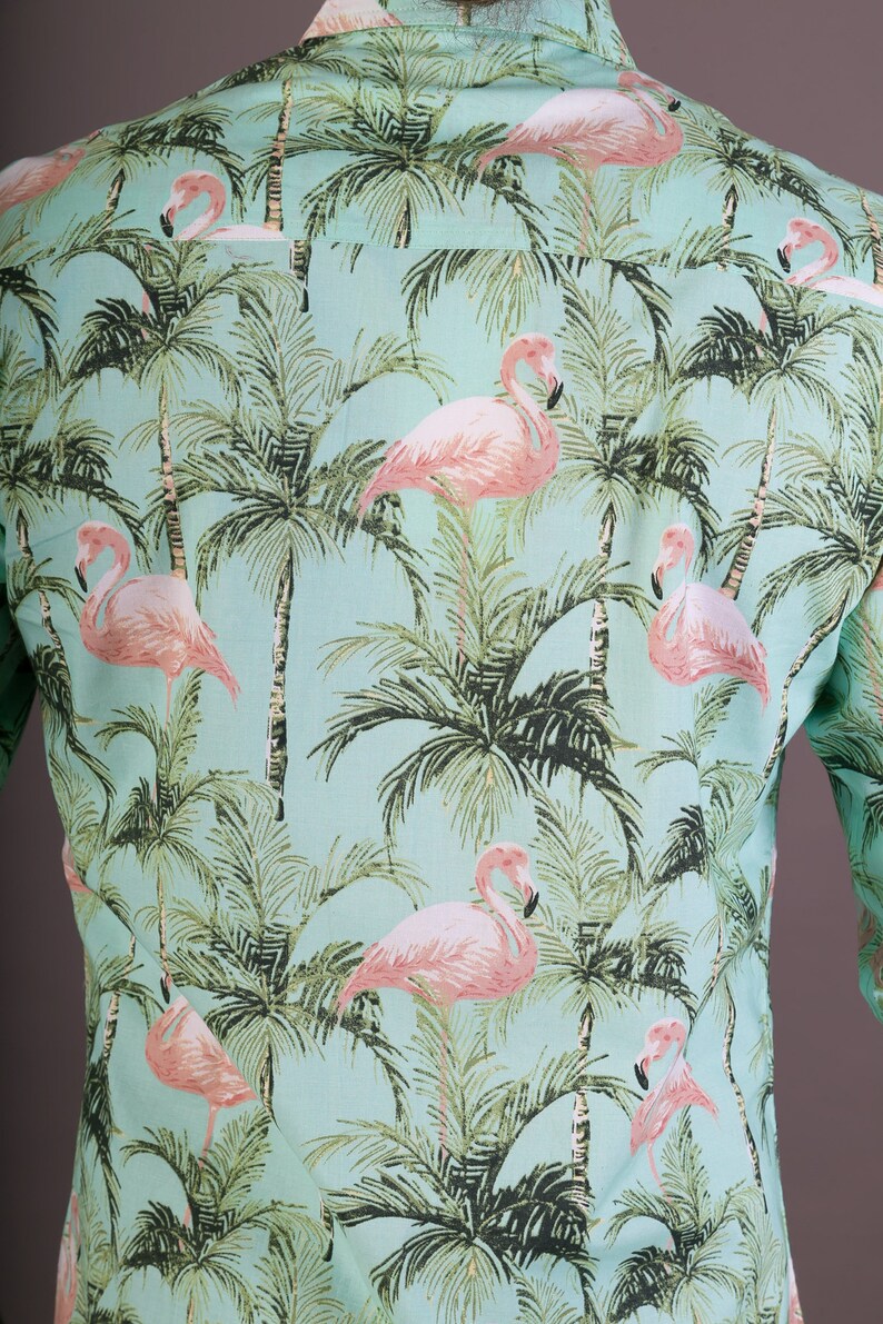 Mens 100/% Cotton Long Sleeve Slim and Regular Fit Shirt Green Pink Flamingo Floral Print