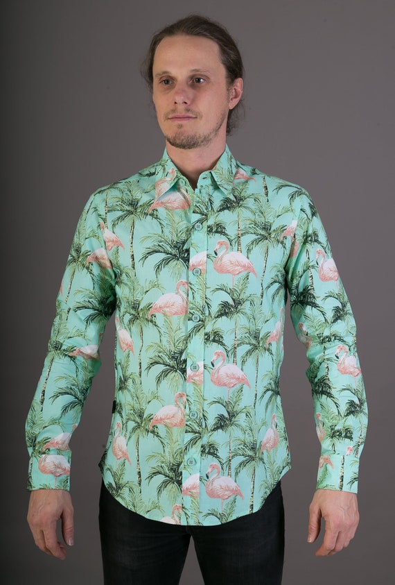 mens flamingo dress shirt Flamingo Men Button Up Shirt, Long Sleeve Pink Marine Animals Beach Se