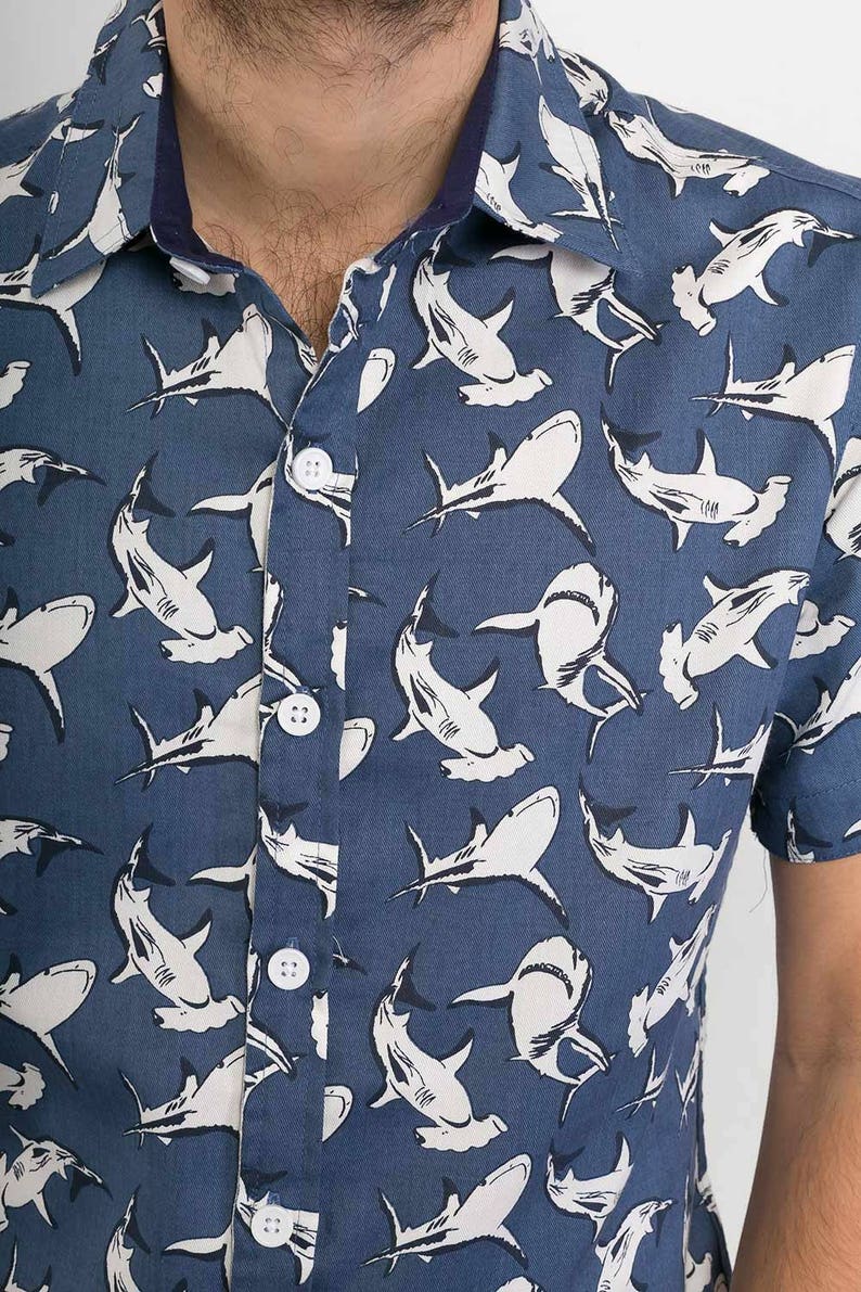 Mens 100% Cotton Short Sleeve Slim Fit Shirt Grey Sharks Print - Etsy