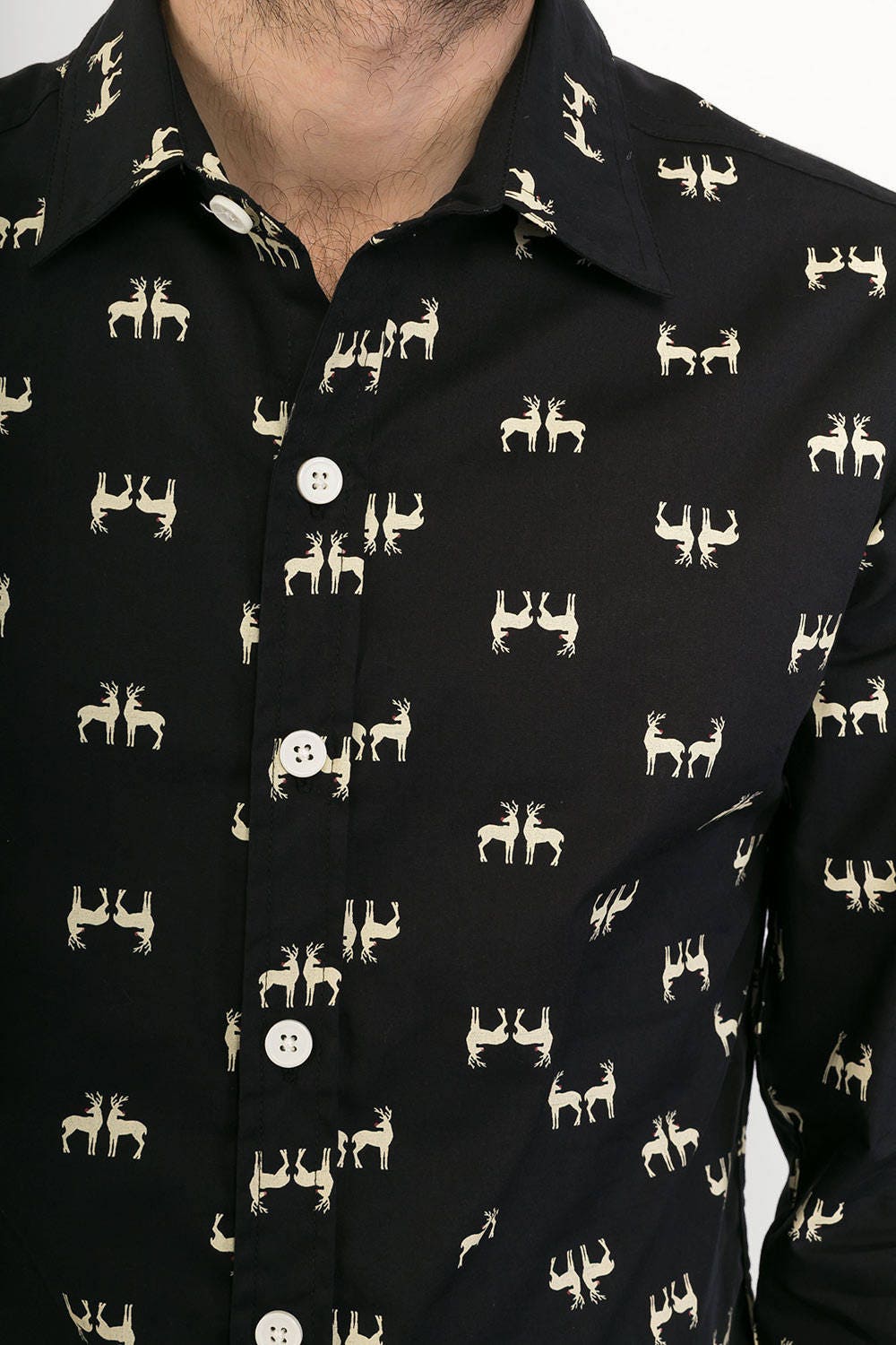 Image of Mens 100% Cotton Long Sleeve Slim Fit Shirt Black Reindeer Red Nose Rudolph Christmas Print