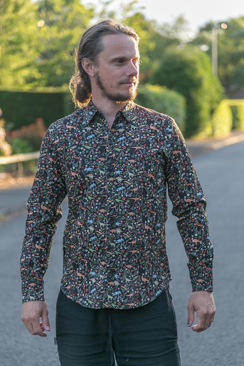 Mens 100% Cotton and Organic Cotton Long Sleeve Slim Fit Shirt Dinosaur Floral Black Print image 6