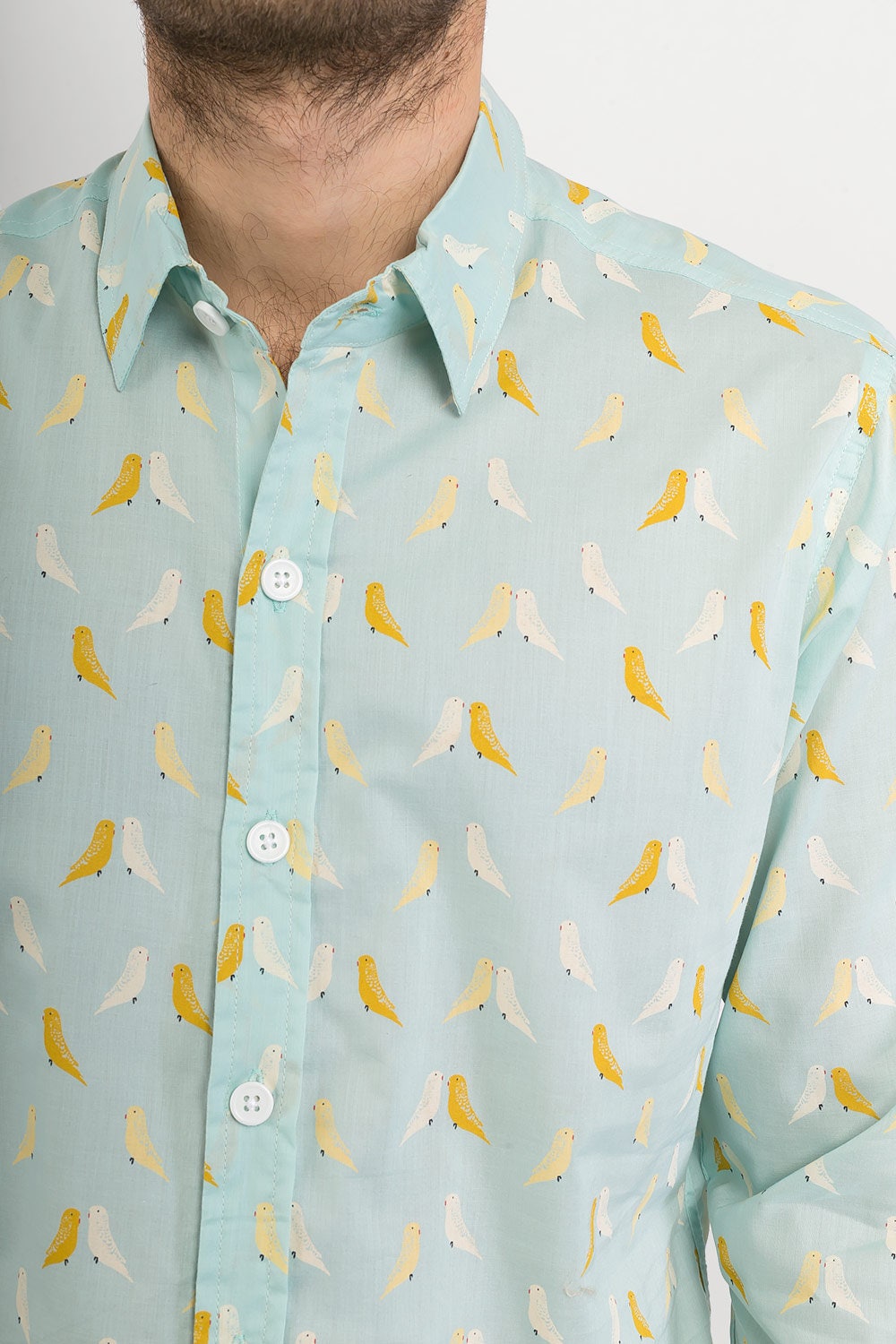 Image of Mens 100% Cotton Long Sleeve Slim Fit Shirt Light Green Birds Print Lightweight Material