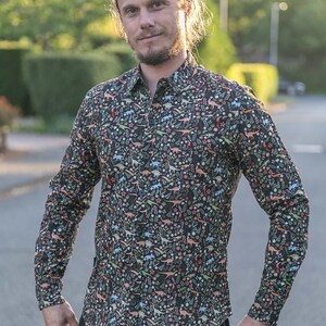 Mens 100% Cotton and Organic Cotton Long Sleeve Slim Fit Shirt Dinosaur Floral Black Print image 5