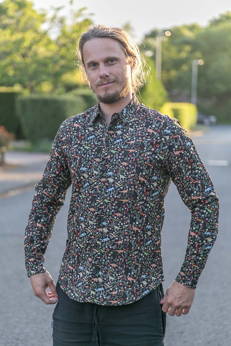 Mens 100% Cotton and Organic Cotton Long Sleeve Slim Fit Shirt Dinosaur Floral Black Print image 5