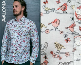 Mens 100% Cotton Long Sleeve Slim Fit Shirt Birds Floral Blue Print