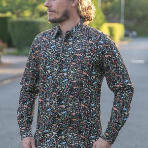 Mens 100% Cotton and Organic Cotton Long Sleeve Slim Fit Shirt Dinosaur Floral Black Print image 4