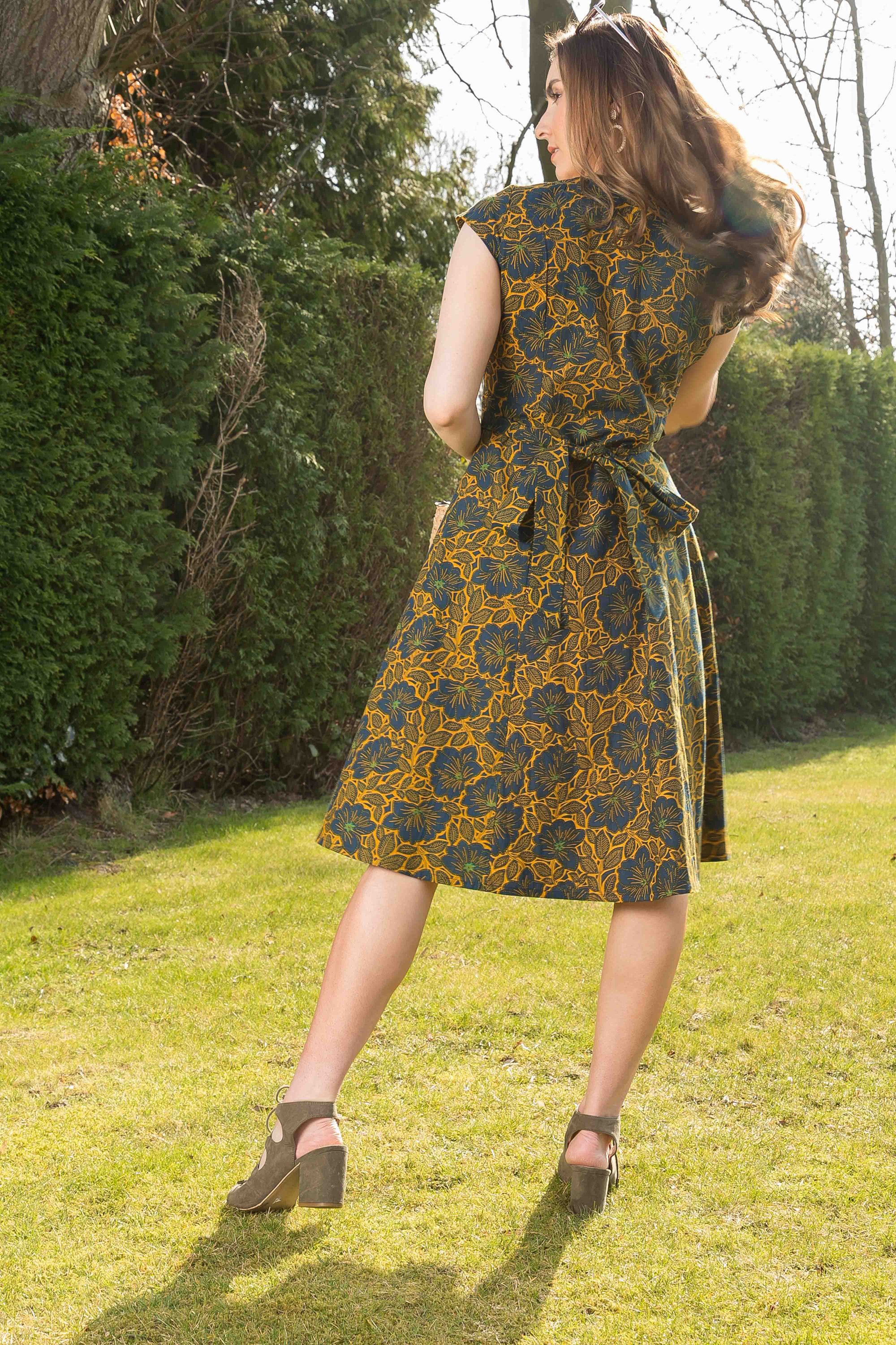 Floral Cotton Wrap Dress - Yellow Blue Print, Summer Dress