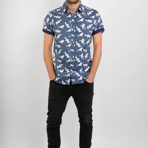 Mens 100% Cotton Short Sleeve Slim Fit Shirt Grey Sharks Print image 6