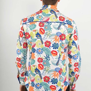 Mens 100% Cotton Long Sleeve Slim Fit Shirt Bird Jungle Floral Flowers White Multi Colour Print image 5