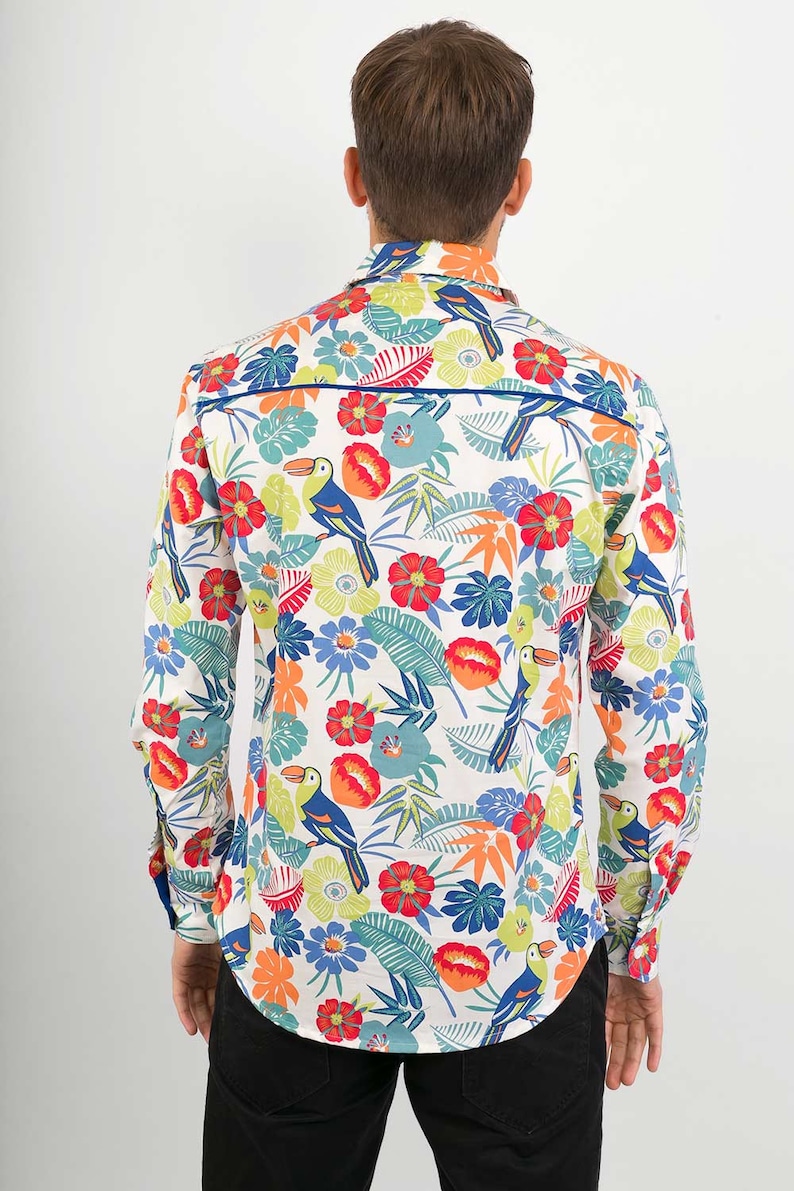 Mens 100% Cotton Long Sleeve Slim Fit Shirt Bird Jungle Floral Flowers White Multi Colour Print image 5