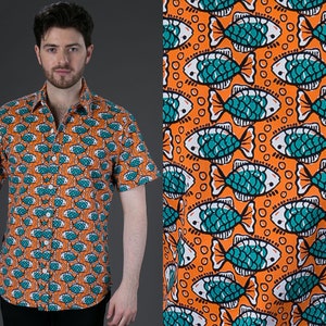 Mens 100% Cotton Short Sleeve Slim Fit Shirt Orange Fish Print Heavy Cotton