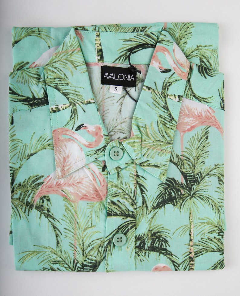 Mens 100/% Cotton Long Sleeve Slim and Regular Fit Shirt Green Pink Flamingo Floral Print
