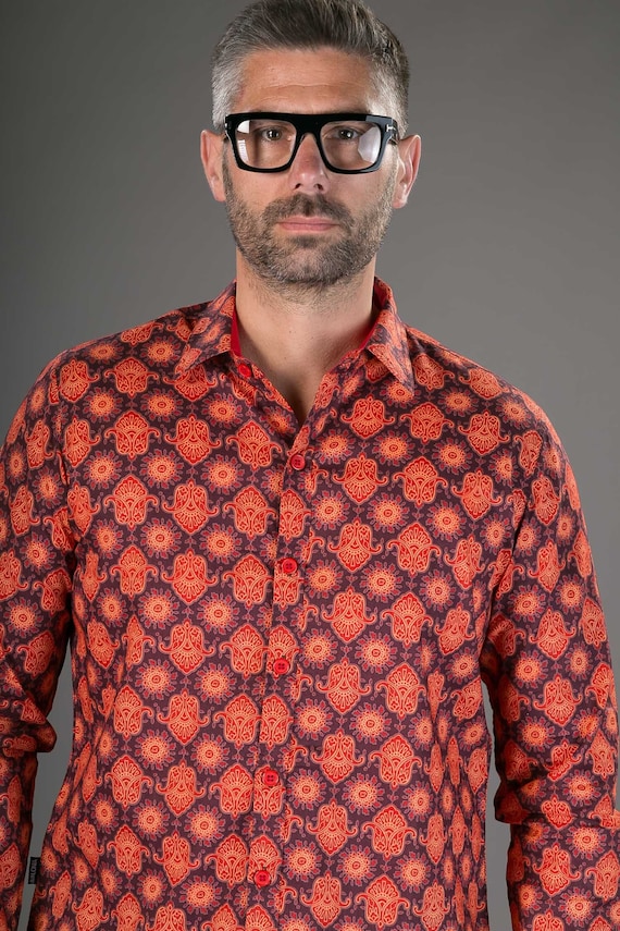 Mens 100% Cotton Long Sleeve Slim Fit Shirt Orange Red Print