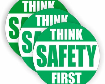 3-pack Think SAFETY FIRST Vinyl Hard Hat Stickers | Vinyl Safety Helmet Construction Decals | Jobsite Road Bridge Worker Laborer Operator