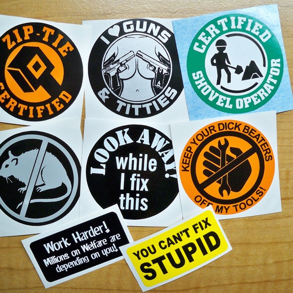 8-pack Vinyl Hard Hat Stickers  | Funny Zip Tie Shovel Operator Look Away No Rats Hands off my Tools Cant Fix Stupid Construction Decals