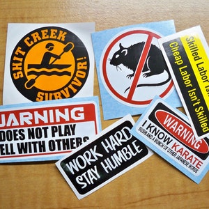 6-pack Funny Hard Hat Stickers  | Sh*t Creek Survivor No Rats Skilled Labor isnt Cheap Stay Humble I Know Karate Sarcastic Helmet Decals